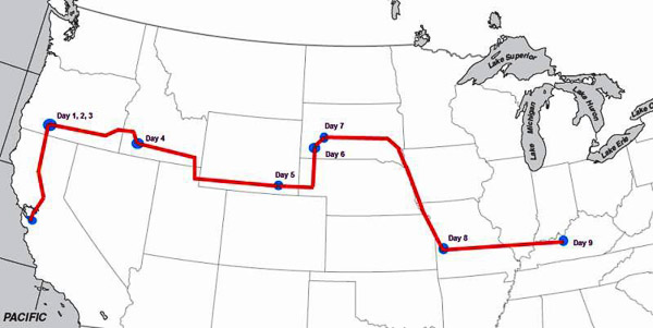 Map showing the route I took to relocated from California to Louisville, KY