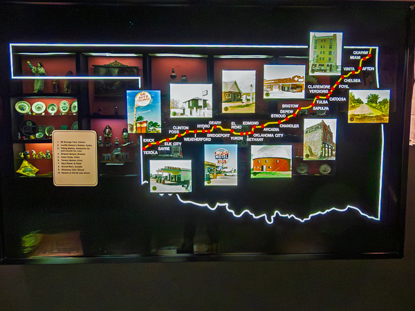 Map showing towns and along route 66 in Oklahoma. Route 66 Museum, Clinton, OK