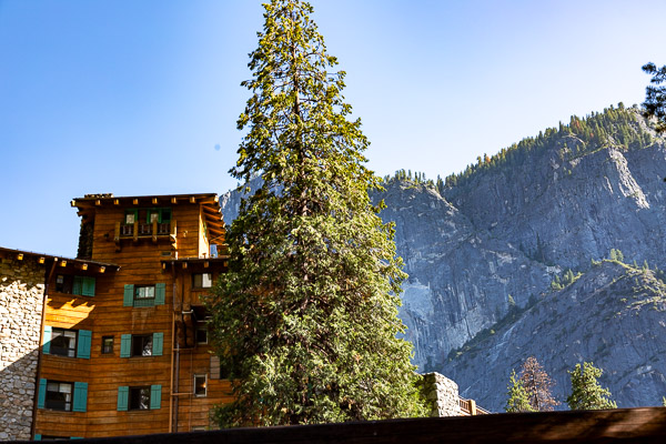 The Ahwahnee Lodge in Yosemite Valley, looking up to Glacier Point