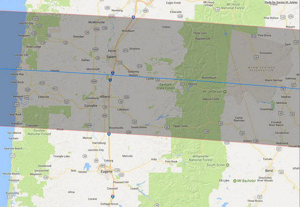 Detail of the totality path in Washington and Oregon