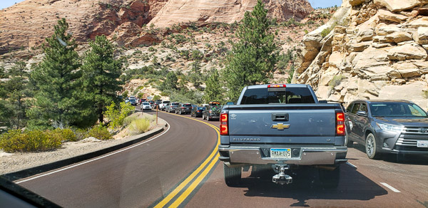 Traffic getting into the Zion-Mt Carmel tunnel to enter Zion National Park